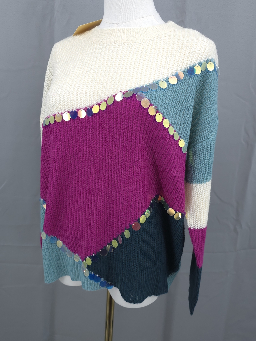 ENTRO Colorblock Sequin Trim Knit Sweater NWT - Small
